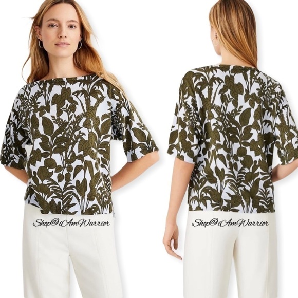 Ann Taylor NWT seaweed green & pale blue botanical print elbow sleeve sweater - Picture 1 of 9